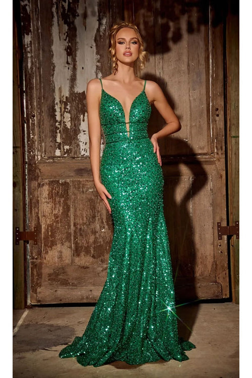 Portia and Scarlett PS24041 Plunging Neck Sequin Mermaid long Dress