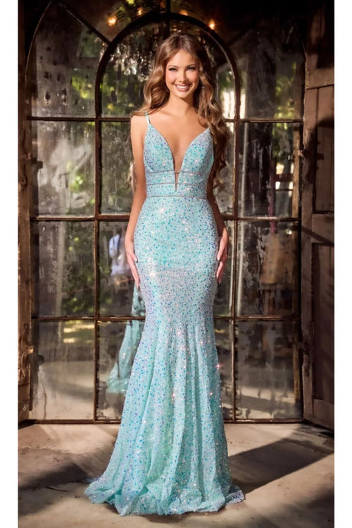 Portia and Scarlett PS24041 Plunging Neck Sequin Mermaid long Dress