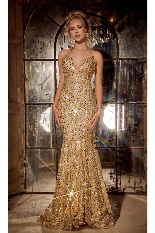 Portia and Scarlett PS24041 Plunging Neck Sequin Mermaid long Dress