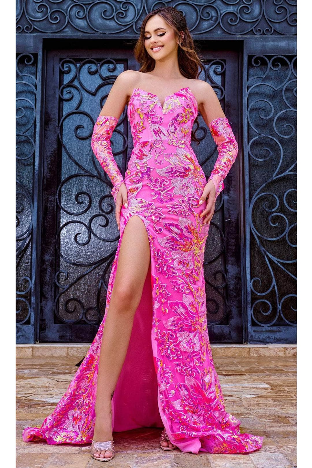 Portia and Scarlett PS24319 - long-Floral Sequined V-Neck Prom Gown