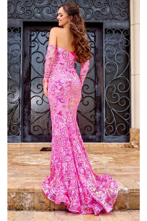 Portia and Scarlett PS24319 - long-Floral Sequined V-Neck Prom Gown