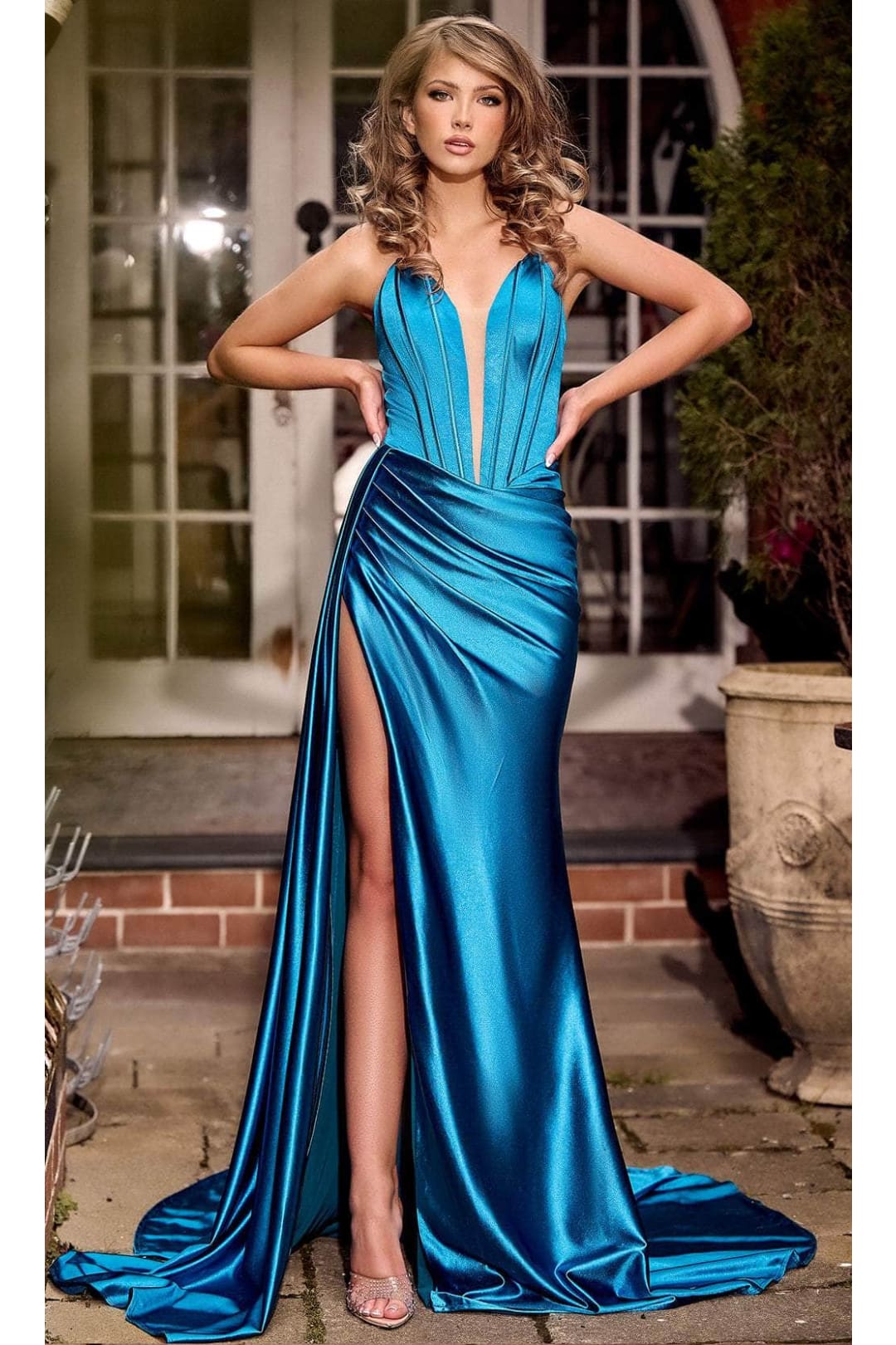 Portia and Scarlett PS24682 Satin Evening Gown with High Slit