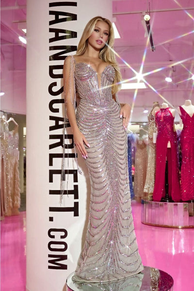 Portia and Scarlett PS24862C Corset Bodice Fringe Sequined Prom Dress