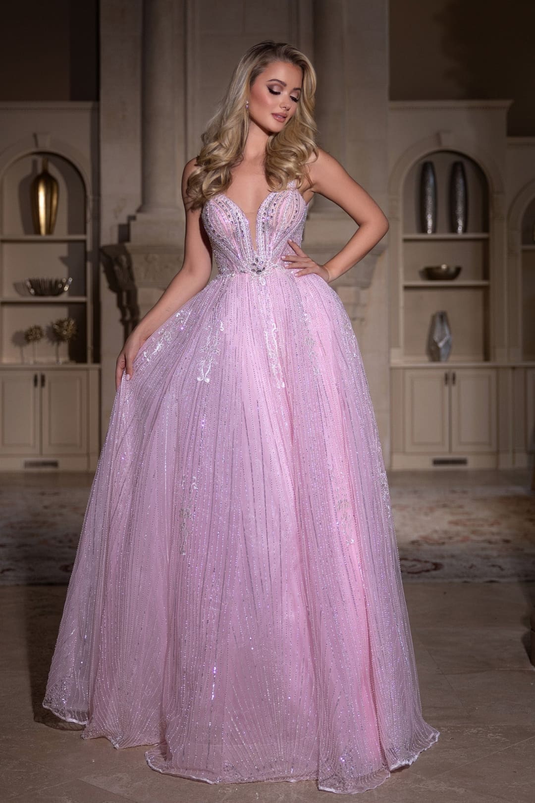 Portia and Scarlett PS25310 A-line Beaded Prom Dress | V-Neck Ball Gown