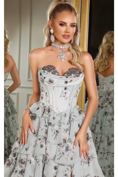 Portia and Scarlett PS25960 Floral Print Dress High Slit Formal Gown