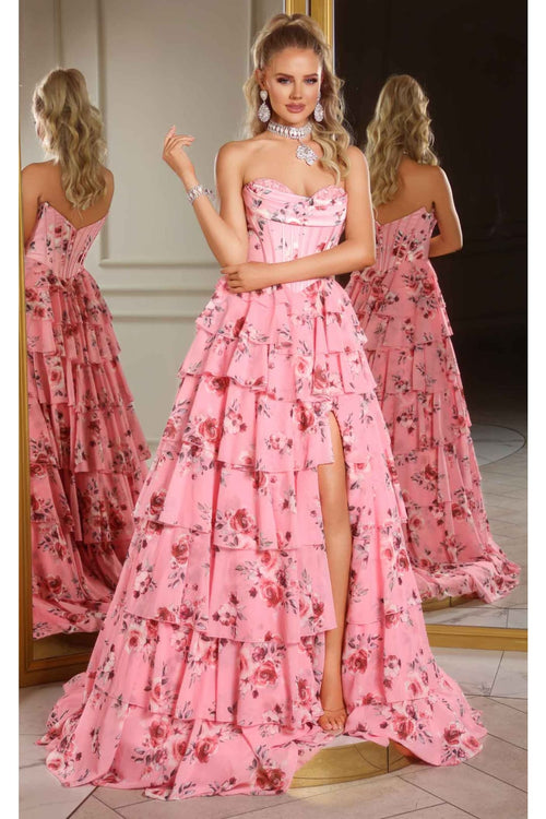 Portia and Scarlett PS25960 Floral Print Dress High Slit Formal Gown