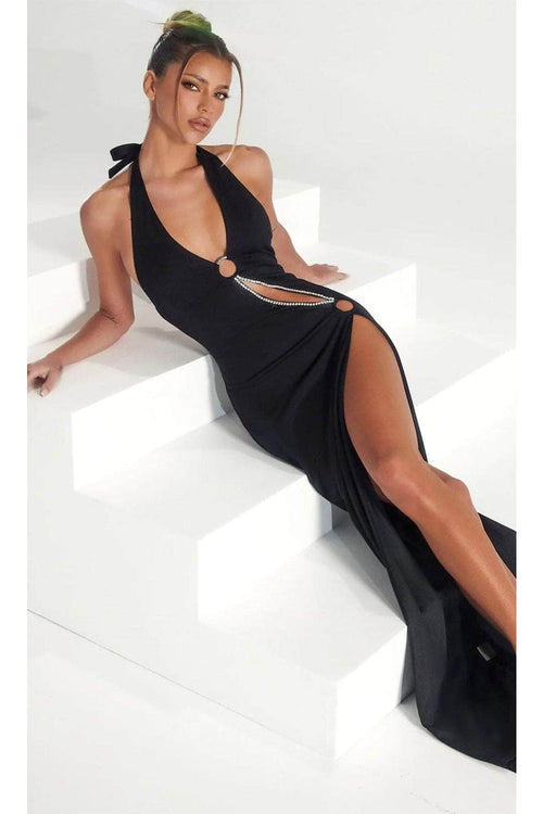 Portia and Scarlett PS315B Black Sexy Cut Out Slit Prom Evening Dress