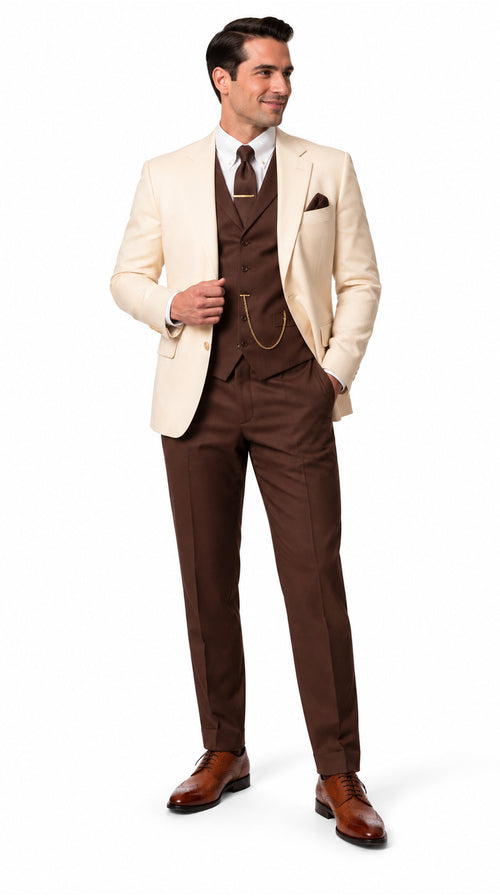 Great Gatsby 1920s Ivory Dinner Jacket with Brown Vest and Pants – Cream Off-White Collar Outfit