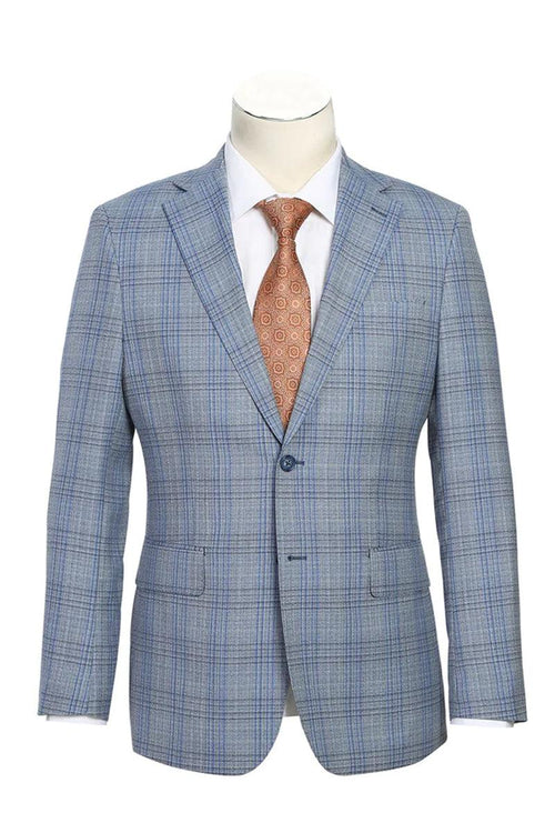 Premium 2-Btn Light Grey Wool Suit w/ Blue Windowpane Plaid & Notch Lapel β English Laundry - USA Men's Outlet