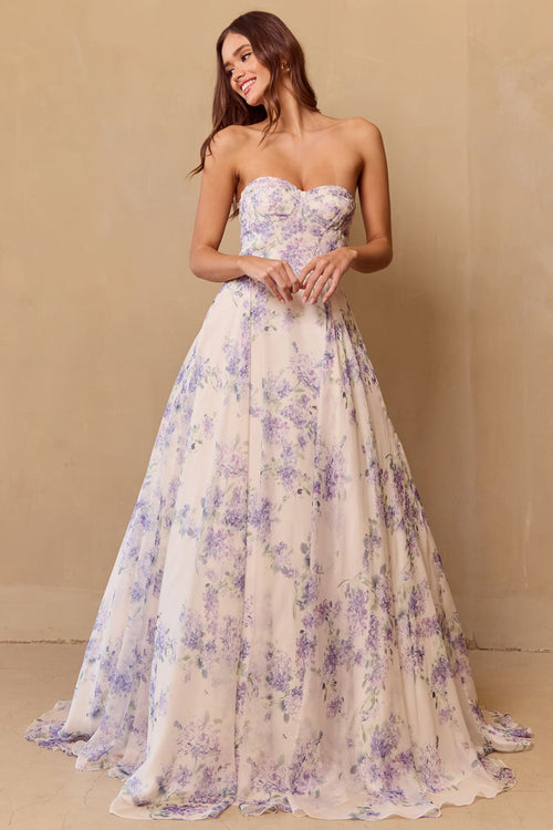 Prom Dress Strapless Print Puff Sleeves Gown By Amelia Couture SU084