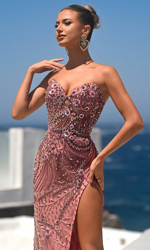 Embellished Strapless High Slit Evening Gown Beaded Prom Dress by Portia & Scarlett PS26442C