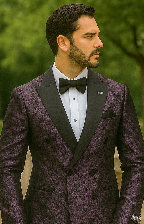 Purple Double Breasted Rough Streak Pattern Satin Peak Lapel Stacy Adams Men's Jacket