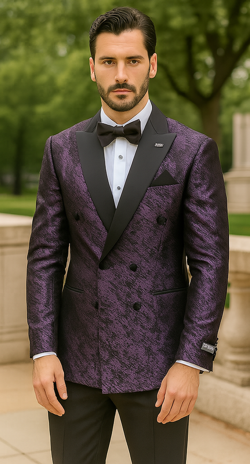 Purple Double Breasted Rough Streak Pattern Satin Peak Lapel Stacy Adams Men's Jacket