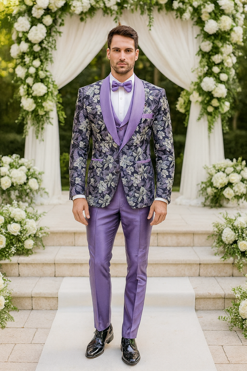 Purple Floral Tuxedo Set with Shawl Lapel β Wedding & Prom