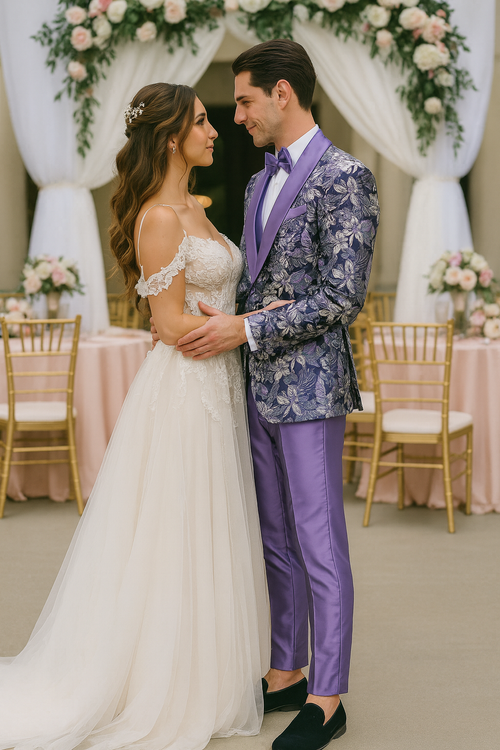 Purple Floral Tuxedo Set with Shawl Lapel β Wedding & Prom