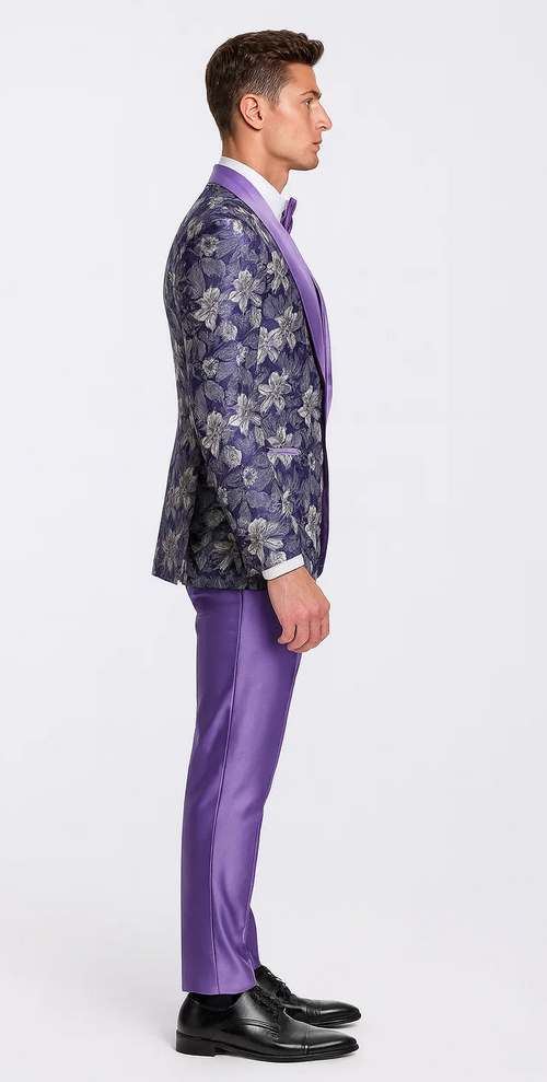Purple Floral Tuxedo Set with Shawl Lapel β Wedding & Prom