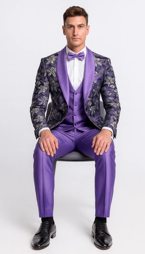 Purple Floral Tuxedo Set with Shawl Lapel β Wedding & Prom