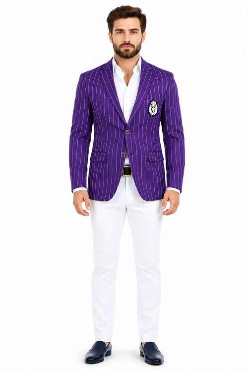 Purple Pinstripe Blazer With White Pants - Suit - Party Blazer by USA Men's Outlet