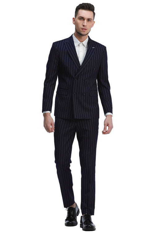 Men's Navy Pinstripe Double Breasted Suit by Tazio