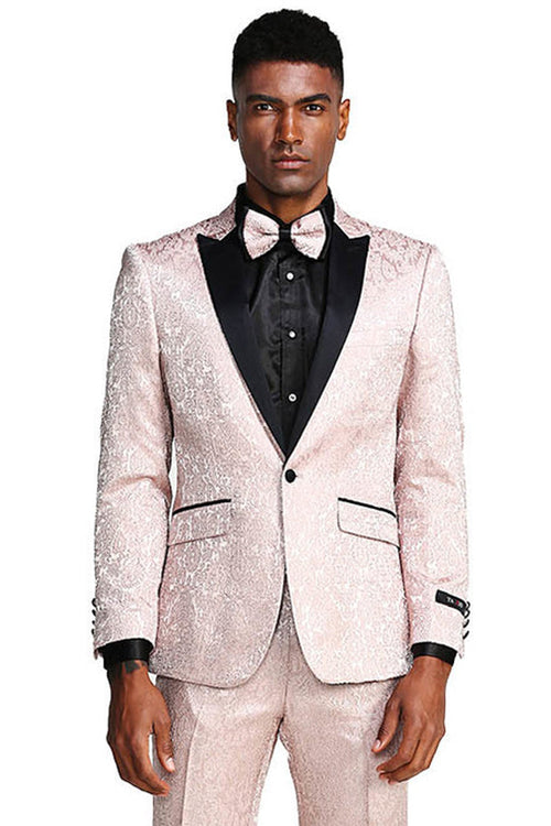 Paisley Wedding Tuxedo - Men's Slim Fit One Button in Blush Pink by Tazzio
