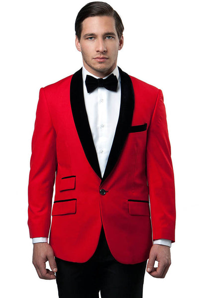 Men's Velvet Shawl Collar Tuxedo Jacket in Red from Tazio Suits