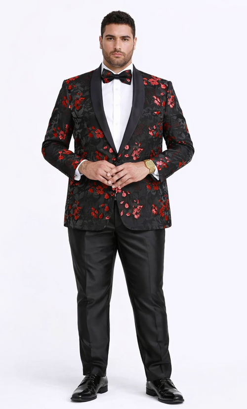 Red and Black Tuxedo Jacket Floral Pattern Slim Fit - Wedding - Prom