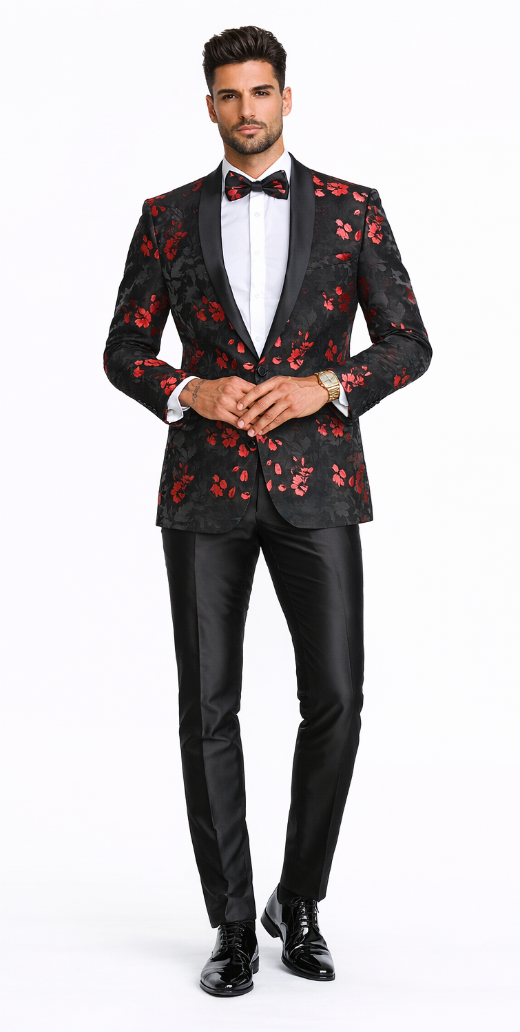 Red and Black Tuxedo Jacket Floral Pattern Slim Fit - Wedding - Prom – SuitUSA