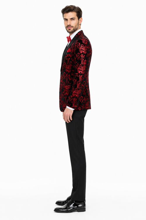 Unique Prom Suits - Interesting Fun - Men's Modern Fit Velvet Floral Paisley Foil Red and Black Tuxedo Jacket