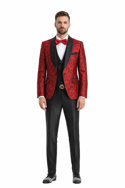 Red/Black Prom Tuxedo Suit - Red/Black Wedding Suit - Men's One Button Slim Fit Shiny Paisley Floral Vested Prom Tuxedo