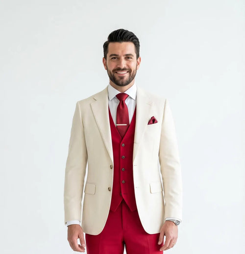 Men's Cream and Red 3 Piece Suit β Cream Blazer, Red Vest Suit and Red Pants