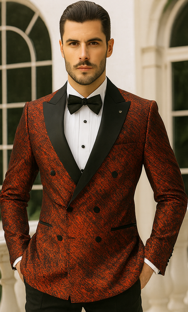 Red Double Breasted Rough Streak Pattern Satin Peak Lapel Stacy Adams Men's Jacket