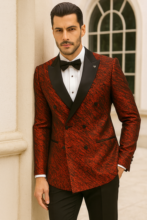 Red Double Breasted Rough Streak Pattern Satin Peak Lapel Stacy Adams Men's Jacket