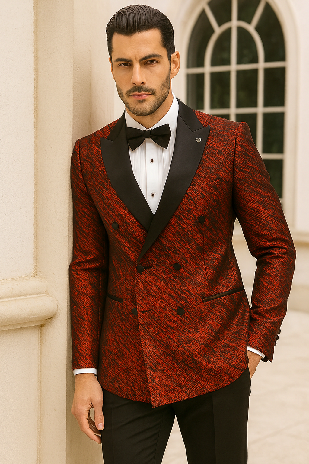 Red Double Breasted Rough Streak Pattern Satin Peak Lapel Stacy Adams Men's Jacket