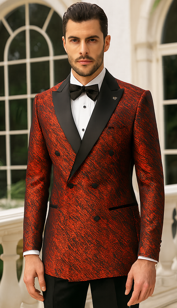 Red Double Breasted Rough Streak Pattern Satin Peak Lapel Stacy Adams Men's Jacket