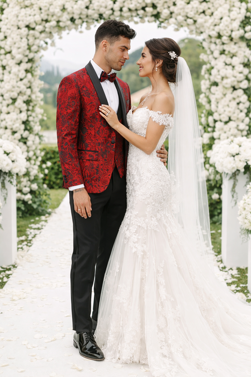 Red Floral Pattern Tuxedo 4-Piece Set – Wedding & Prom