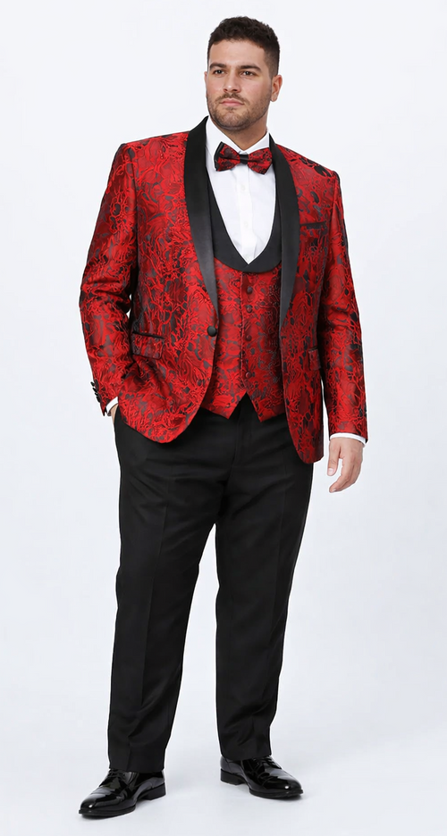 Red Floral Pattern Tuxedo 4-Piece Set – Wedding & Prom