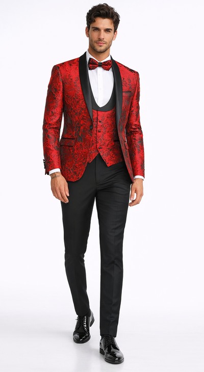 Red Floral Pattern Tuxedo 4-Piece Set – Wedding & Prom