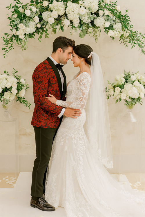 Red Floral Tuxedo with Shawl Lapel – 4 Piece Slim Fit Set