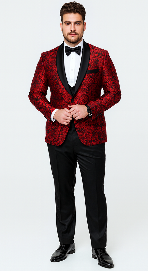 Red Floral Tuxedo with Shawl Lapel – 4 Piece Slim Fit Set