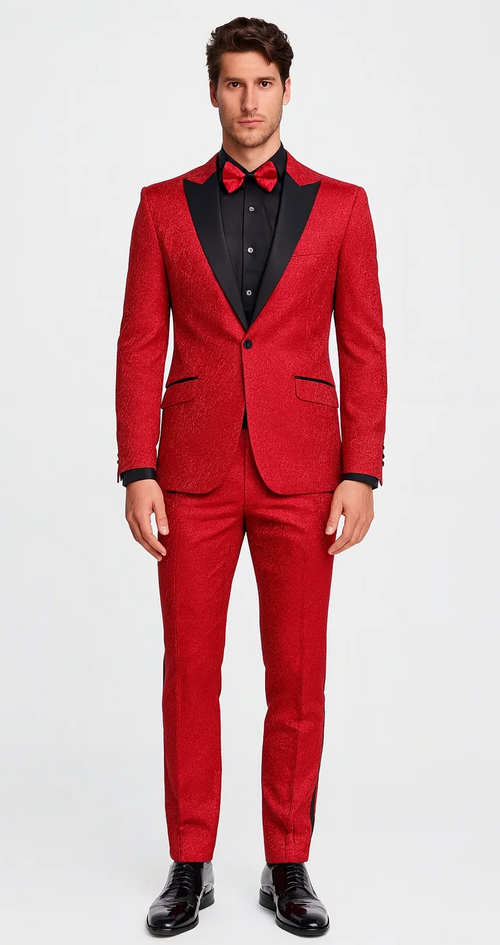 Red Paisley Slim Fit Tuxedo 3-Piece Set – Wedding & Prom