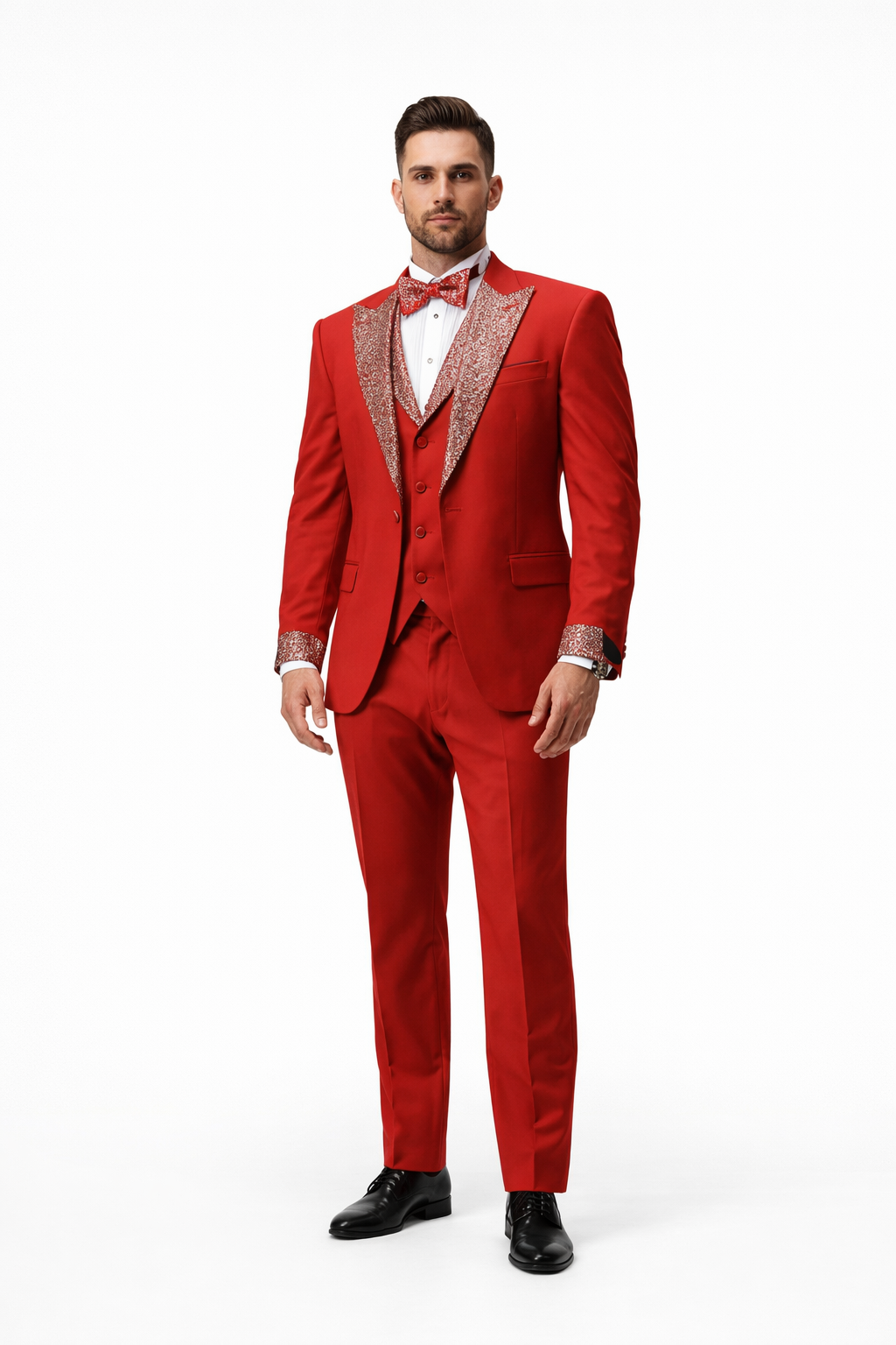 Red Prom Tuxedo - Perfect Wedding Suit Vested Rhinestone sequin Lapelled