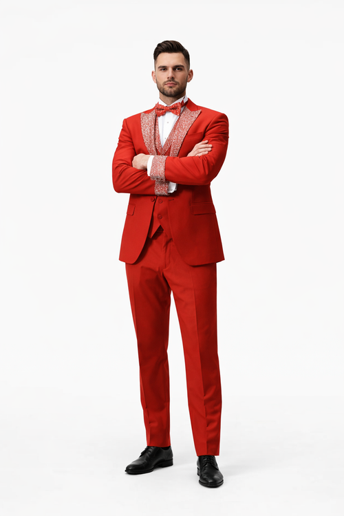 Red Prom Tuxedo - Perfect Wedding Suit Vested Rhinestone sequin Lapelled
