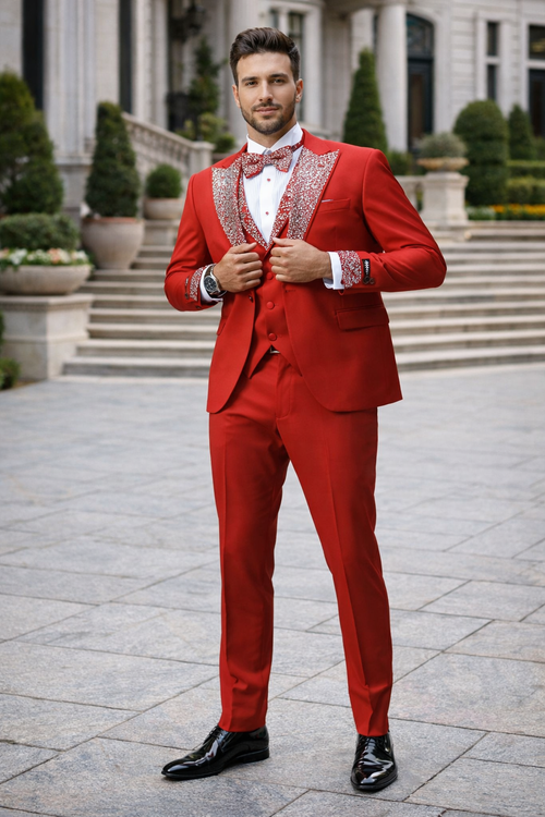 Red Prom Tuxedo - Perfect Wedding Suit Vested Rhinestone sequin Lapelled