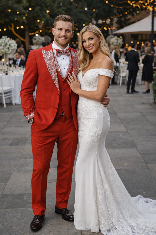 Red Prom Tuxedo - Perfect Wedding Suit Vested Rhinestone sequin Lapelled