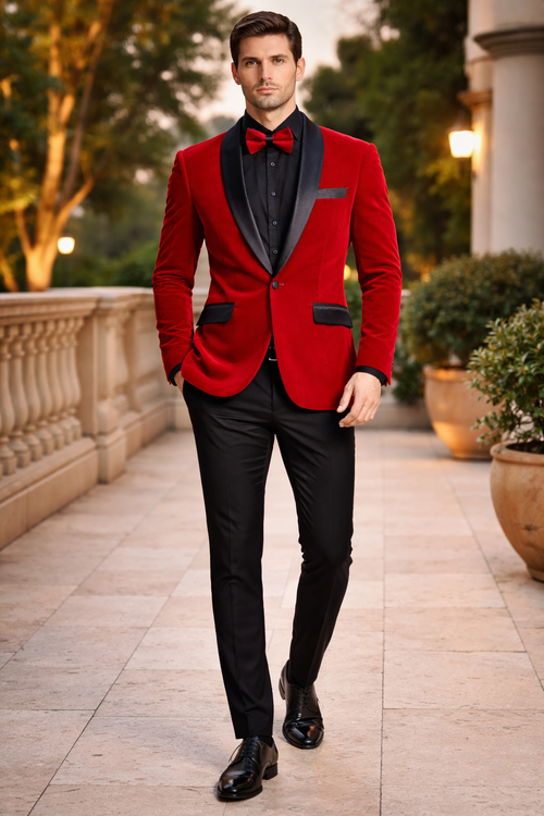 Red Prom Tuxedo Suit - Red Wedding Suit - Men's Slim Fit Shawl Lapel Velvet Wedding & Prom Tuxedo Jacket