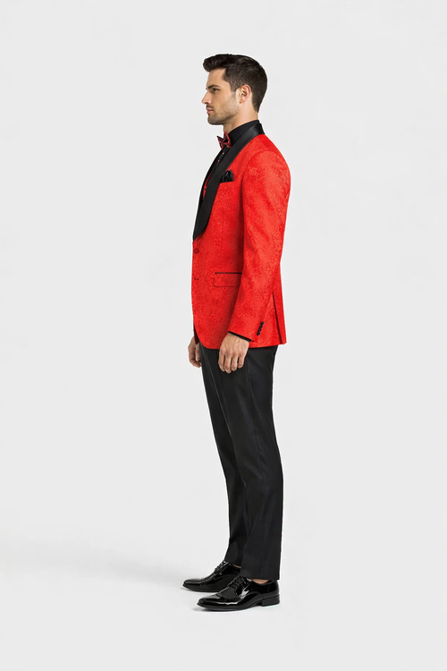 Red Prom Tuxedo Suit - Red Wedding Suit - Men's Slim Fit Vested Paisley Wedding Tuxedo
