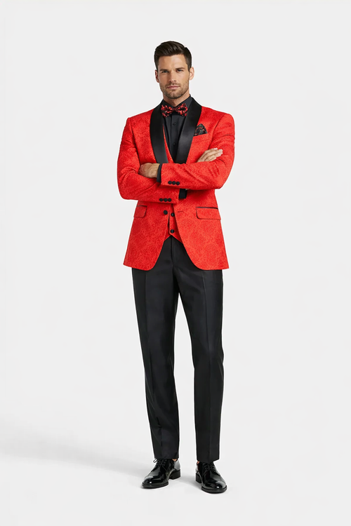 Red Prom Tuxedo Suit - Red Wedding Suit - Men's Slim Fit Vested Paisley Wedding Tuxedo