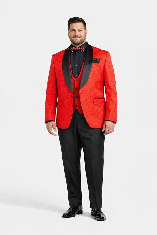 Red Prom Tuxedo Suit - Red Wedding Suit - Men's Slim Fit Vested Paisley Wedding Tuxedo