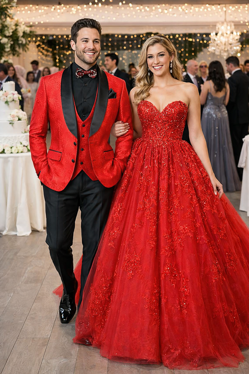 Red Prom Tuxedo Suit - Red Wedding Suit - Men's Slim Fit Vested Paisley Wedding Tuxedo