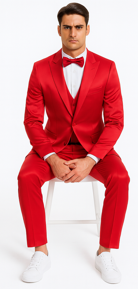 Red Satin Slim Fit 3 Piece Tazzio Men's Suit with Peak Lapel β Modern Design